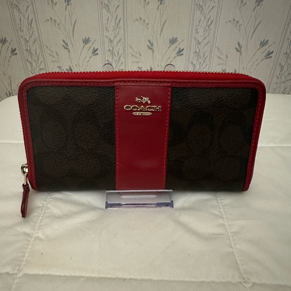 Coach Handbags - Coach Brown Monogram with Red Trim Wallet